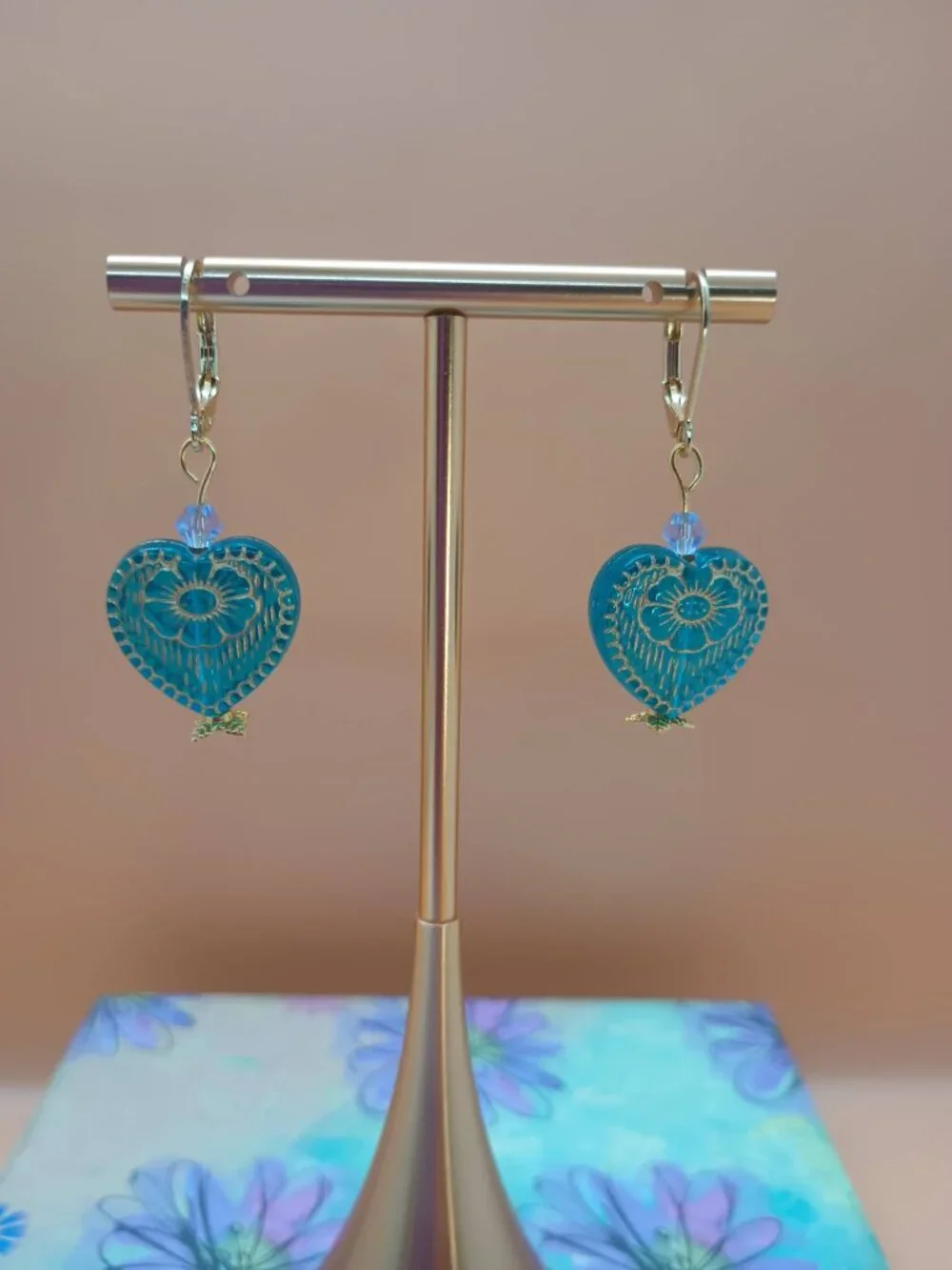 Translucent Teal & Gold Glass Heart Bead Earrings - Picture 4 of 5